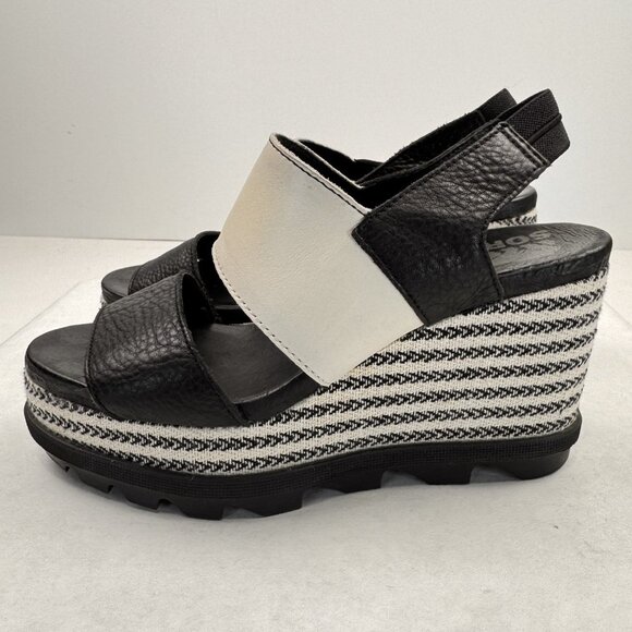 Sorel Womens 7.5 Wedge Sandals Black Beige Strappy Joanie II Slingback Chevron - Picture 1 of 13